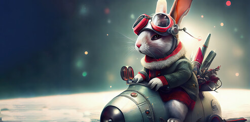 Rabbit Explorer on the Rocket. Card. Cartoon. Area for Christmas wishes. Area for New Year wishes.  