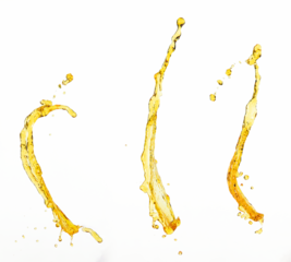 Orange, lemon juice or oil lubricant splash, liquid gold yellow drink drops. Fruit beverage water elements in line form . Fresh splashing and flowing jets, white background isolated freeze motion