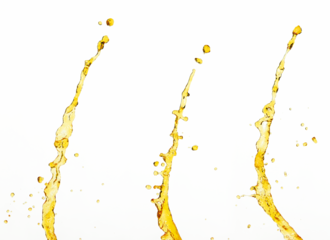 Orange, lemon juice or oil lubricant splash, liquid gold yellow drink drops. Fruit beverage water elements in line form . Fresh splashing and flowing jets, white background isolated freeze motion