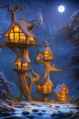 Fototapeta na wymiar Winter fairytale treehouse village under the moon