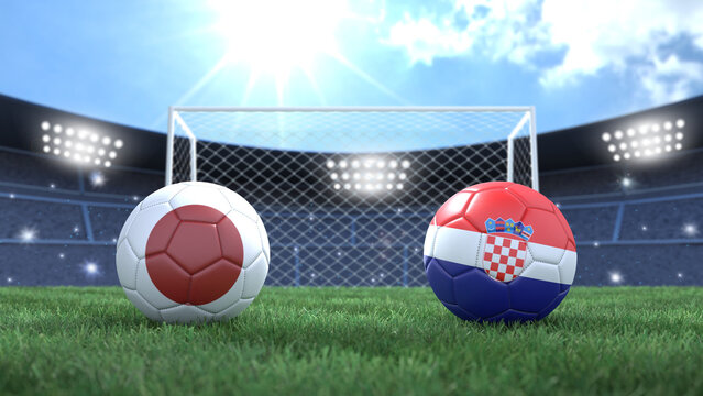 Two soccer balls in flags colors on stadium blurred background. Japan vs Croatia. 3d image