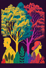 Colorful illustration of family walking in a lush forested park environment