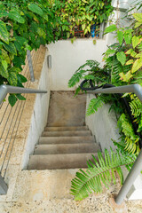 Concrete stairway with landing and handrails view from above at Miami, Florida