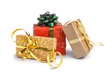 Christmas gift boxes with bows on white background