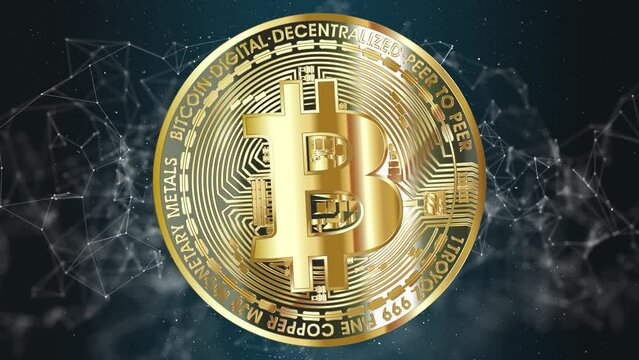 Bitcoin logo cryptocurrency animation. Bitcoin on digital background. Binary code. Decentralized electronic payment system. Gold Bitcoin on digital blue background.