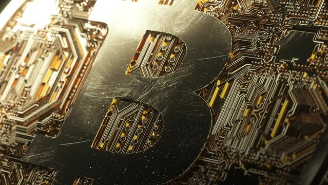 Bitcoin logo cryptocurrency animation. Bitcoin on digital background. Binary code. Decentralized electronic payment system. Gold Bitcoin on digital gold background.