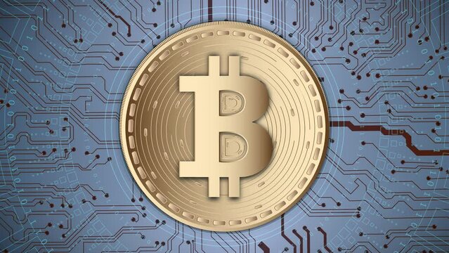 Bitcoin logo cryptocurrency animation. Bitcoin on digital background. Binary code. Decentralized electronic payment system. Gold Bitcoin on digital blue background.