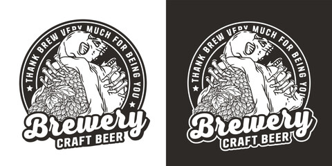 Obraz premium Beer emblem with skull and hop bag. Skeleton with hop in bone hands for brewery or bar. Craft beer vector logo for monochrome design label of pub and beer store