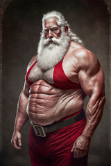 Fototapeta na wymiar Muscular Santa Claus/Father Christmas with a full beard and red chest tattoos stood against a gray backdrop.