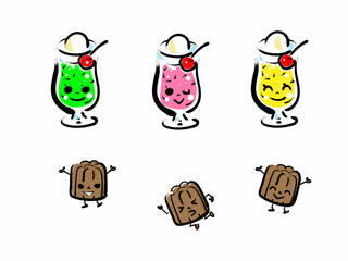 レトロ喫茶店のクリームソーダとカヌレのイラスト素材セット