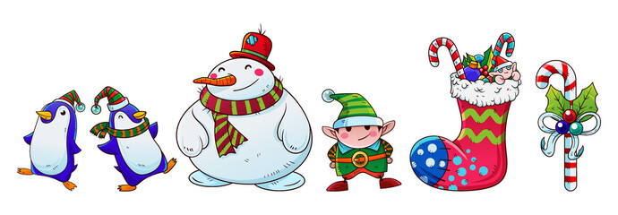 Collection set of christmas characters in cartoon style  with penguins, snowman, elf,christmas  boot and candy cane