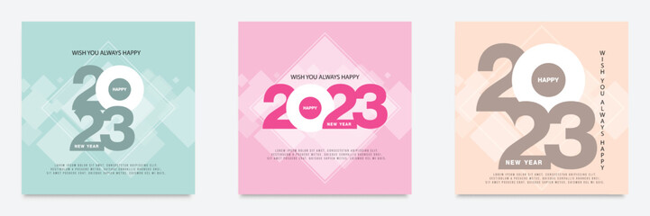 Happy new year 2023 on a square grid background. Set of 2023 new year square template for calendar, cover, card and media post. 2023 typography logo