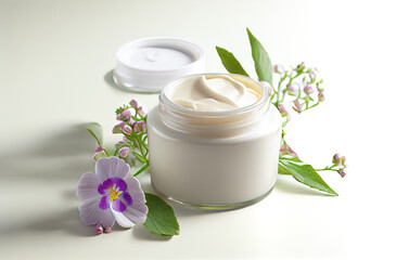 Obraz na płótnie Canvas Herbal dermatology cosmetic hygienic cream with flowers. Skincare product in glass jar on white background 