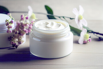 Fototapeta na wymiar Herbal dermatology cosmetic hygienic cream with flowers. Skincare product in glass jar on white background 