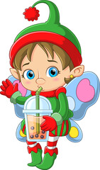 Cute elf holding and drinking bubble milk tea