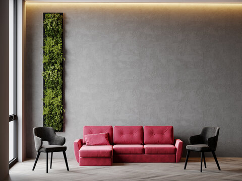 Livingroom in trend viva magenta color 2023 year.  A bright sofa accent. Plaster microcement wall background. Crimson, burgundy,  maroon shades of room interior design. Gray stucco texture. 3d render 