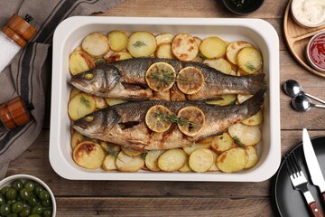 Baking tray with delicious baked sea bass fish and potatoes on wooden table, flat lay