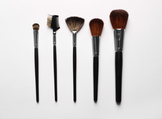Different makeup brushes on white background, flat lay