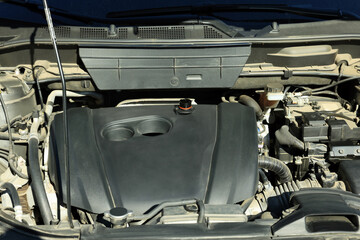 Closeup view of car engine in modern auto