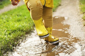Little girl wearing rubber boots walking in puddle, closeup