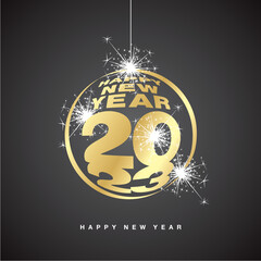 2023 3d golden realistic Happy New Year 2023 on christmas ball logo with sparkle firework on black background