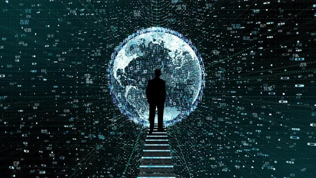 Man looking at digital earth matrix