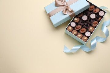 Open box of delicious chocolate candies and light blue ribbon on beige background, flat lay. Space for text