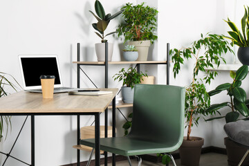 Beautiful workplace with laptop on wooden table, chair and houseplants in room