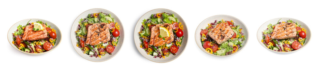 Set with tasty grilled salmon on white background. Banner design