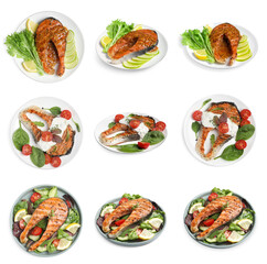 Set with tasty grilled salmon on white background