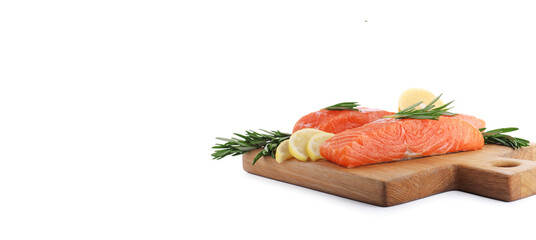 Fresh raw salmon, rosemary and lemon slices isolated on white. Banner design