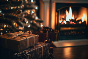 Fototapeta na wymiar Christmas presents by the open fire on Christmas eve with beautiful Xmas decorations