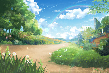 Naturelandscape with trees forest walk path Anime background