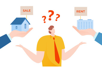 Global issue buy or rent apartment, modern solution housing problem, character think question mark flat vector illustration, isolated on white.