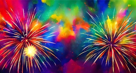 The sky is lit up with colorful fireworks. People are cheering and celebrating the start of a new year.