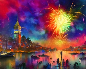 Fototapeta premium The sky is filled with vibrant colors as the fireworks explode in celebration of the new year. The crowd cheers and claps as they enjoy the beautiful display.