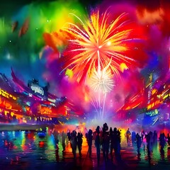 I'm watching the new year's fireworks. They're beautiful. The sky is lit up with different colors and patterns. I can hear the people around me cheering and celebrating. It's a happy time of year, and