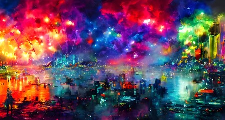 The night sky is full of color as the fireworks explode in every direction. The crowd is cheering and celebrating the start of a new year.