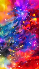 The night sky is filled with an explosion of colors. Fireworks shoot up into the air and explode in a shower of sparks. The ground is covered in a blanket of smoke, and the smell of gunpowder hangs he