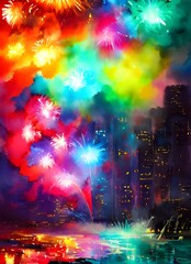 The sky above me is lit up with vibrant colors as fireworks explode and shower down upon the celebrating crowd. The air is thick with the smell of gunpowder, and everyone around me is cheering and cla
