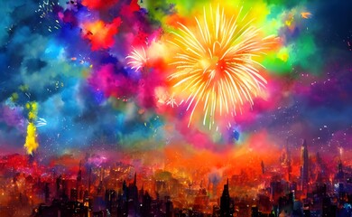 Obraz na płótnie Canvas The sky is ablaze with color as fireworks explode overhead. TheNew Year's celebration has begun!