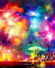 Obraz premium The night sky is ablaze with color as fireworks explode overhead. blues, greens, yellows and reds fill the air in a dazzling display. people all around me are cheering and clapping as the show goes on