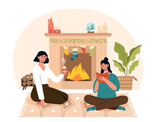 Obraz premium Women by fireplace. Young girls with hot drinks, coffee or tea sitting in house. Comfort and coziness in apartment. Symbol of winter holidays, New Year and Christmas. Cartoon flat vector illustration