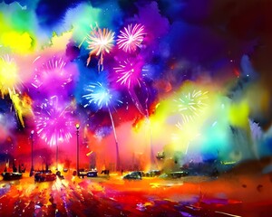 The sky is alive with colors. Red, green, and blue explode in the sky like a painter's canvas. The ground shakes with the force of the fireworks. People are cheering and shouting all around me.