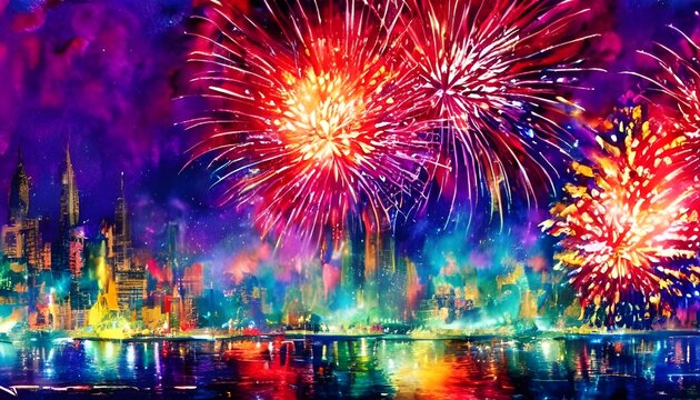 The night sky is filled with vibrant colors as fireworks explode in every direction. The pops and cracks fill the air, accompanying the gasps and cheers of onlookers. Laughter floats on the wind, alon