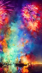 People are gathered around to watch the fireworks. The sky is lit up with different colors and everyone is oohing and aahing.