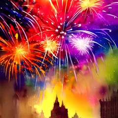 I am watching the new year's fireworks with my family. We are all huddled together on a blanket, cheering as the vibrant colors explode in the sky. The air is thick with excitement and happiness.