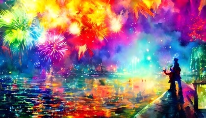 The sky is filled with vibrant colors as the fireworks explode in every direction. The sound of each explosion is deafening, yet it's also accompanied by a sense of awe and wonder. tens of thousands o