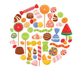 Candy in round shape. Collection of desserts and delicacies, sweets icons. Tasty but unhealthy food, caramel. Company logotype. Cartoon flat vector illustrations isolated on white background