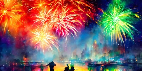 I am surrounded by the cheerful sound of laughter and cheering. In front of me, colourful fireworks explode in the sky, forming shapes that make everyone "ooh" and "aah". I feel happy and excited for 